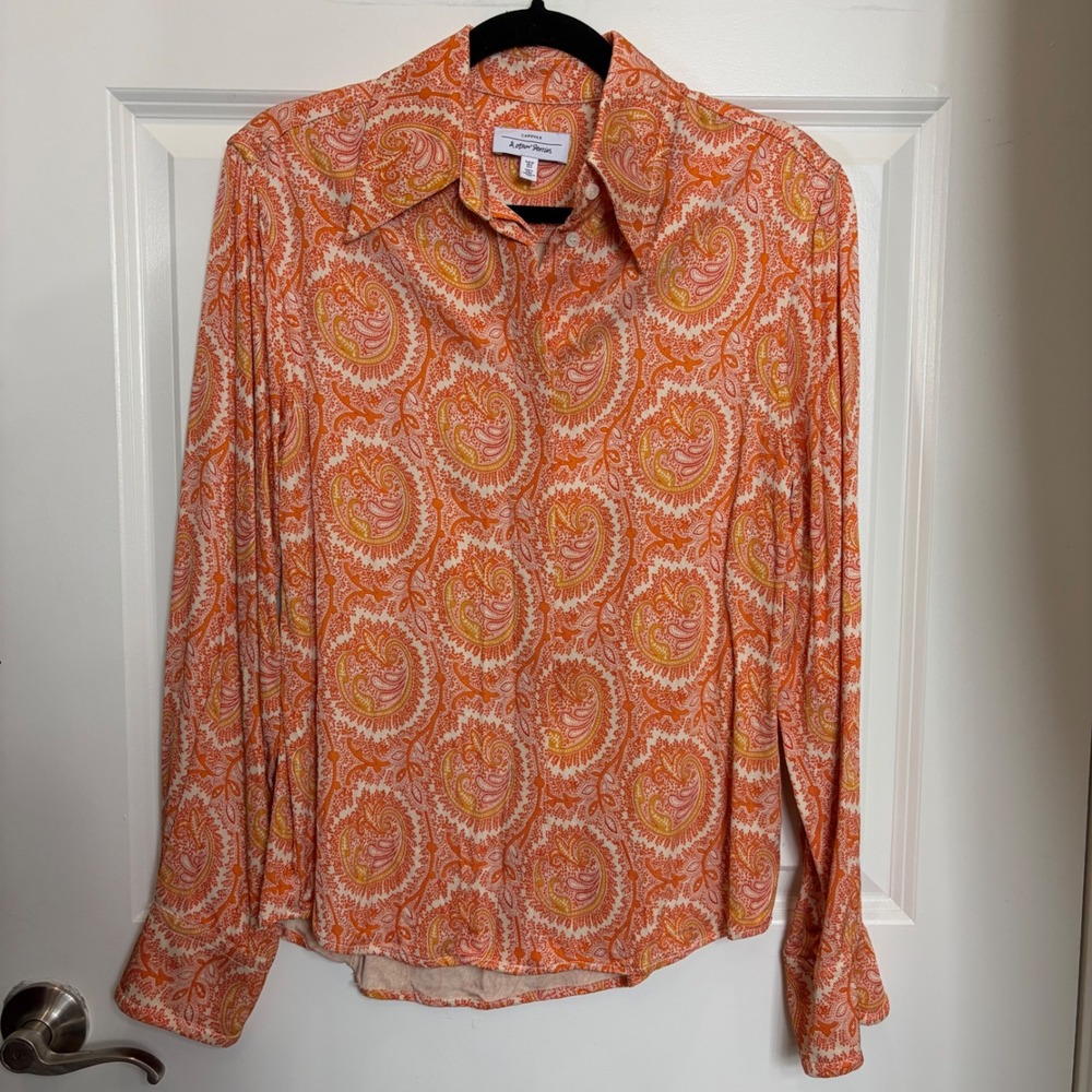 & Other Stories Capsule Paisley Button Down Shirt Orange Yellow Viscose Size 0